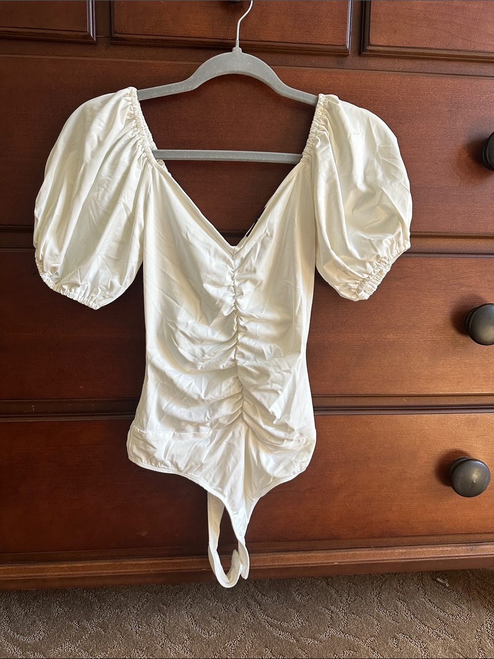 Lulu's Cream Puff-Sleeve Ruched V-Neck Bodysuit